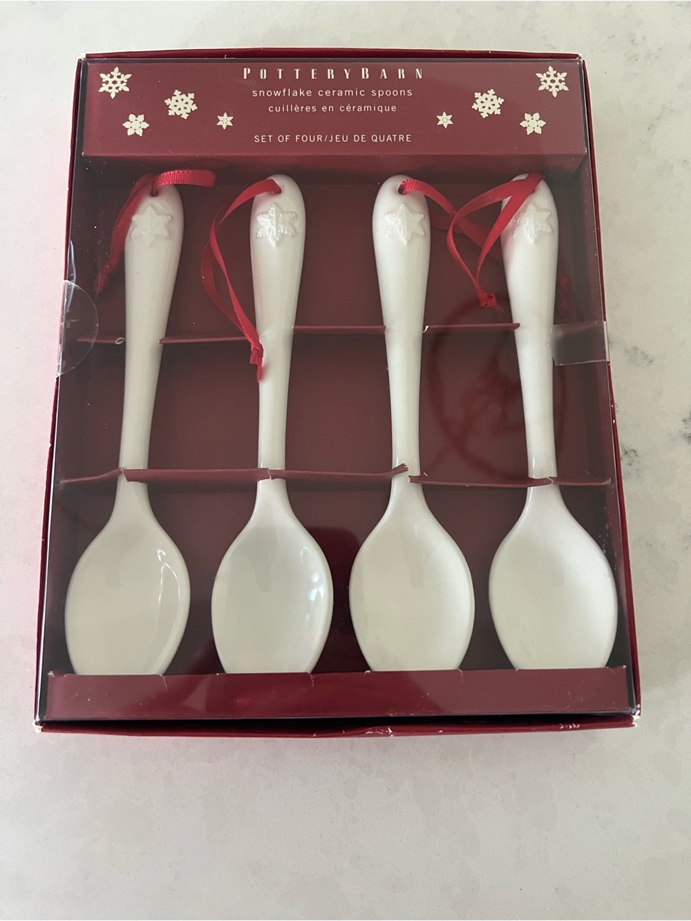 NWT Pottery Barn White Snowflake Ceramic Spoon Set 4 Pack